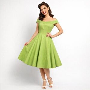 Vtg Ruby Rocky Womens Small Dress Retro Pinup Lime Green Tulle Flare Off Shoulde